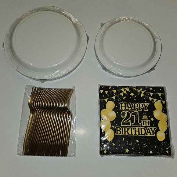 NEW Happy 21th 21st 21 Birthday Party Decor Plates Napkins Forks Lot Black Gold - Picture 2 of 11